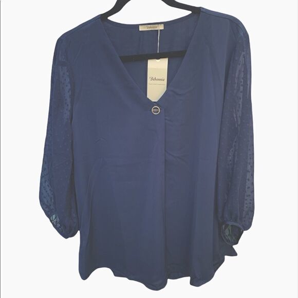 Navy blue tunic style top sheer patterned long sleeve L  NWT - Picture 5 of 7